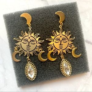 Sun and Moon Hanging Stud Earrings with Cubic Zirconia Navette